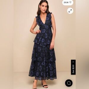 Lulus top rated Molinetto Navy Blue Lace Ruffled Tiered Maxi Dress, small